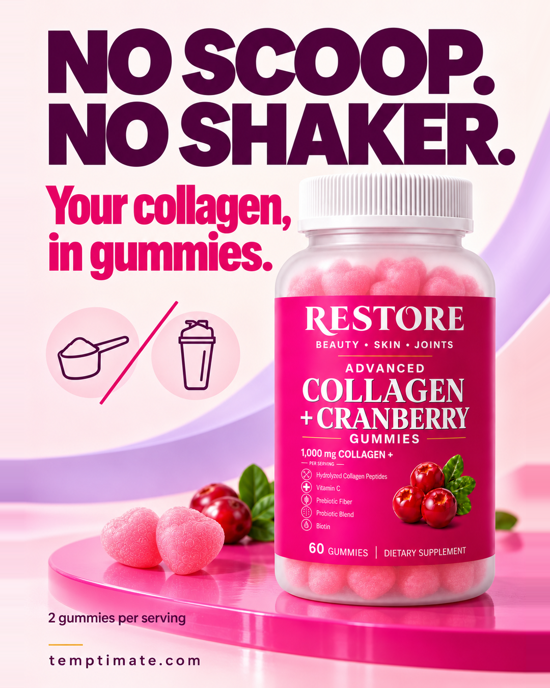 RESTORE Collagen + Cranberry Gummies: No scoop, no shaker.