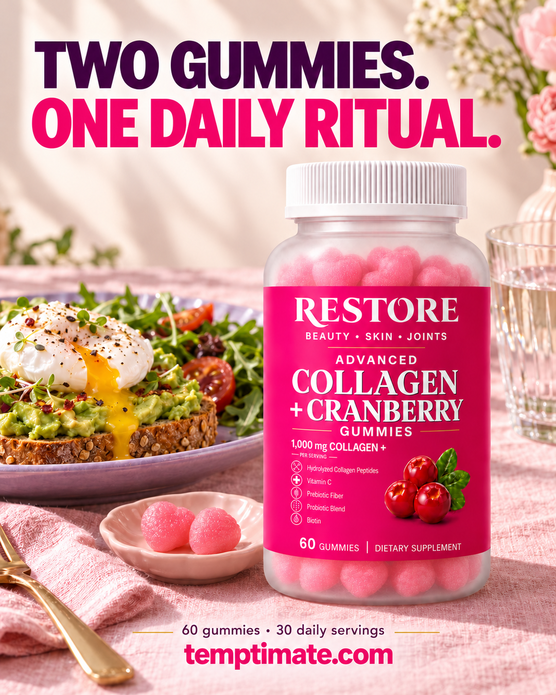 Two gummies, one daily ritual: RESTORE Collagen + Cranberry Gummies bottle beside two pink heart gummies; 60 gummies and 30 daily servings.