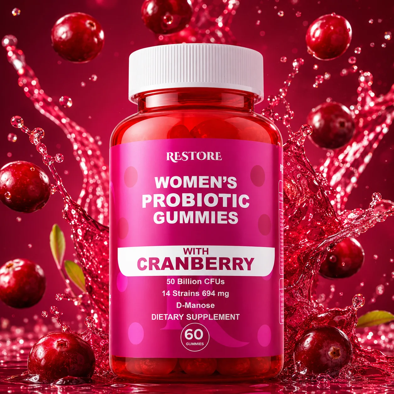 RESTORE Probiotic Gummies campaign artwork with cranberry imagery